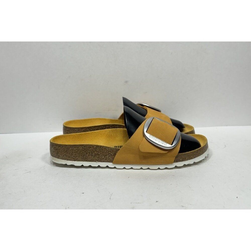 Birkenstock Mustard Slide Sandals with Silver Buckles
